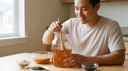 Man stirring homemade kombucha in glass jar at kitchen table with fermented tea, starter culture, and loose leaf ingredients nearby.の素材
