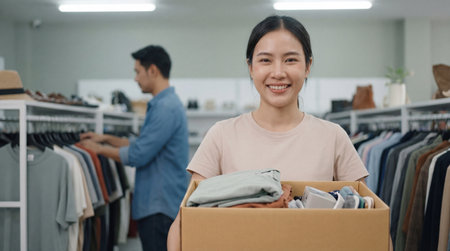 Smiling young woman holding donation box of folded clothes in community thrift store with man browsing garments in background.の素材