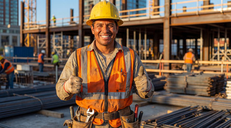 Smiling construction worker in safety gear giving thumbs up at active building site with steel beams and tools during warm sunset.の素材
