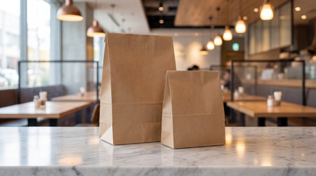 Two brown paper bags on a marble counter in a modern casual restaurant ready for takeaway food and drink orders.の素材