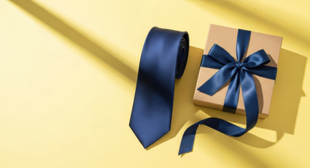 Elegant navy necktie and gift box with blue satin ribbon on yellow background in sunlight shadow for celebration and surprise.の素材