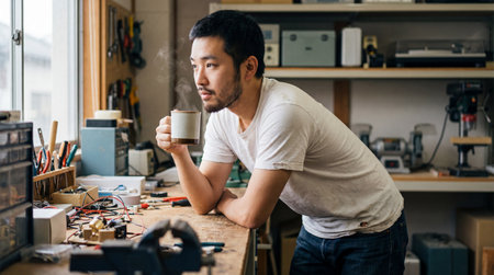 Thoughtful young man drinking coffee while taking a break from electronics work at a cluttered workshop bench by a bright window.の素材