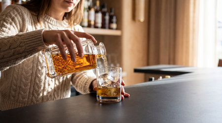 Woman in cozy sweater pouring whiskey from glass decanter into tumbler with ice cubes at modern home bar counter.の素材