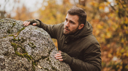 Man in autumn forest leaning against large mossy rock while exploring nature and pausing thoughtfully during a cool weather outdoor hike.の素材