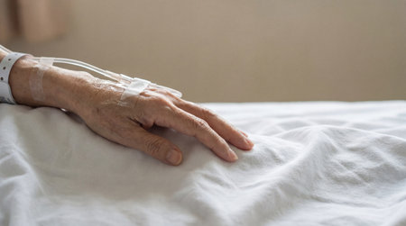 Elderly patient hand with intravenous line resting on white hospital bed symbolizing illness recovery and fragile health in medical care.の素材