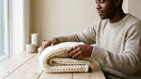 man folding chunky knit blanket on wooden table in cozy minimalist home interior with soft natural window light and warm atmosphere.の素材