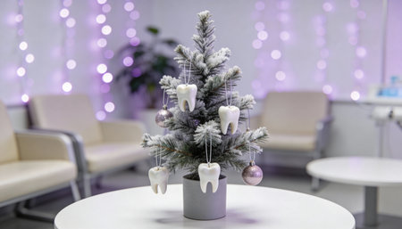 Festive dental themed christmas tree with tooth ornaments in modern clinic waiting room and soft purple holiday lights.の素材