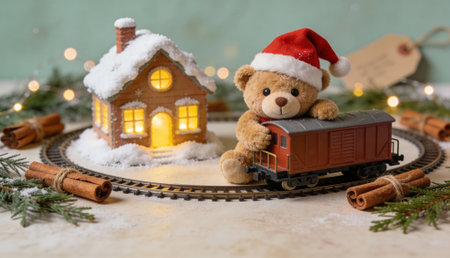 Cozy christmas plush bear with toy train and festive gingerbread house surrounded by cinnamon sticks, evergreen branches, and warm lights.の素材