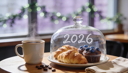 Fresh croissants and blueberry muffin with steaming coffee in cozy cafe setting celebrating 2026 on a bright winter morning.の素材