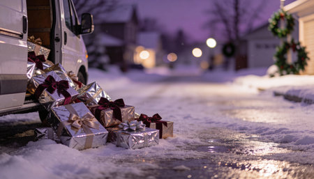 Delivery van with fallen gift boxes on snowy suburban street at dusk, festive holiday decorations and winter atmosphere.の素材
