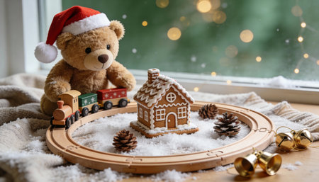 Festive plush bear with wooden train and gingerbread house surrounded by snowy pinecones and golden holiday decorations indoors.の素材