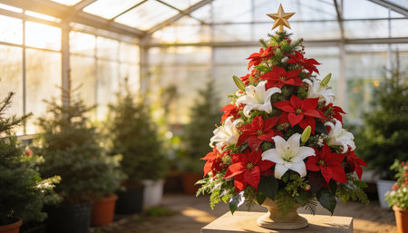 Festive miniature christmas tree with red poinsettias and white lilies in a sunlit greenhouse decorated for the holiday season.の素材