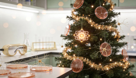 Scientific christmas tree decorated with neuron and petri dish ornaments in modern laboratory celebrating festive holiday season.の素材