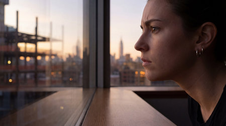 Pensive young woman gazing out window at city skyline during sunset, reflecting on life amid urban construction and changing landscape.の素材