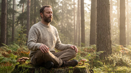 Middle aged man meditates on a tree stump in a peaceful forest during sunrise, surrounded by ferns and mushrooms.の素材