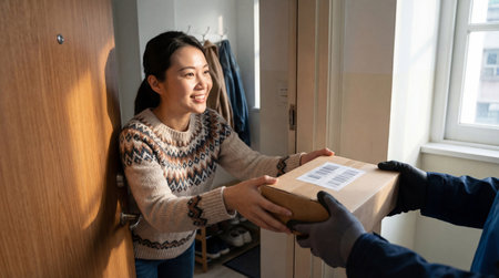 Smiling young woman receiving a cardboard parcel delivery at home entrance from a courier on a sunny day.の素材