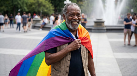 Smiling elderly man celebrates diversity draped in vibrant rainbow flag in a lively city park with a fountain and crowd.の素材