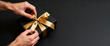 Elegant black gift box with golden satin ribbon being tied by hands on dark minimalist background perfect for celebrations or surprises.の素材