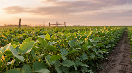 Green soybean plants growing in neat rows on fertile farmland at sunset with warm golden light and soft clouds in the sky.の素材