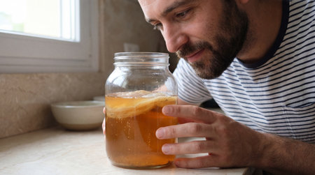 Man observing fermented kombucha in glass jar on kitchen counter with floating scoby and sparkling bubbles in natural daylight.の素材