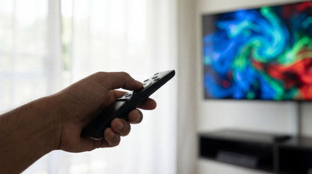 hand holding remote control while turning on modern smart television with vivid colorful abstract screen in bright living room.の素材