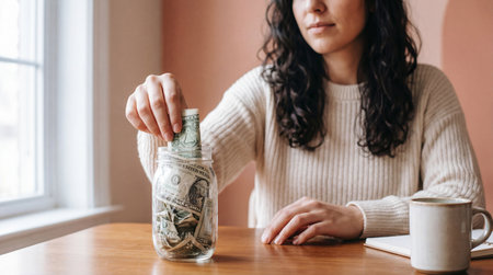 Woman saving money at home placing cash into glass jar on wooden table, concept of budgeting, financial planning, savings and economic security.の素材