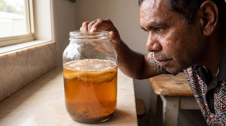 Fermentation enthusiast observing large kombucha scoby culture in glass jar on kitchen counter near window in warm natural light.の素材