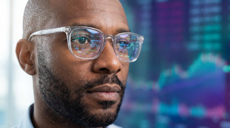 focused analyst with transparent glasses observing digital financial charts and colorful market graphs on large futuristic screen.の素材