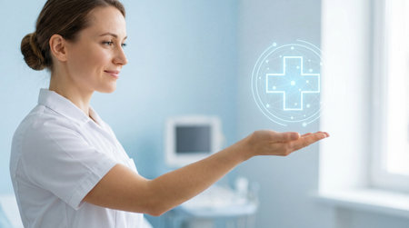Smiling female healthcare professional presenting glowing digital medical cross icon in modern clinic environment.の素材