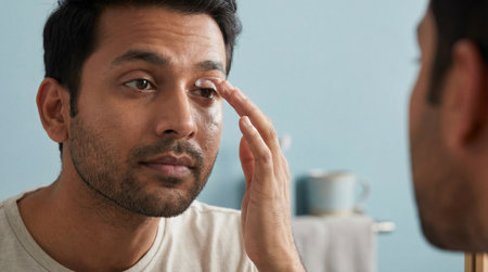Man examining tired irritated eyes in bathroom mirror with gentle touch, checking skin and under eye area for signs of fatigue and dryness.の素材