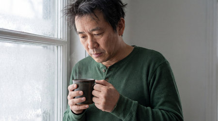 Middle aged man standing by rainy window holding warm mug, looking down with thoughtful expression and feeling lonely indoors.の素材