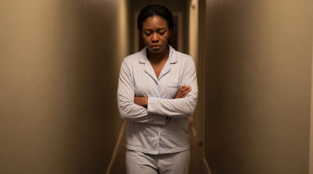 Tired woman in pajamas standing alone in dim hallway with crossed arms, expressing sadness, stress, insomnia and emotional exhaustion.の素材