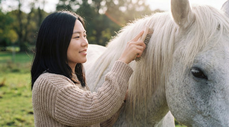 Woman gently grooming white horse with brush in peaceful outdoor countryside setting on a calm sunny day in early autumn.の素材