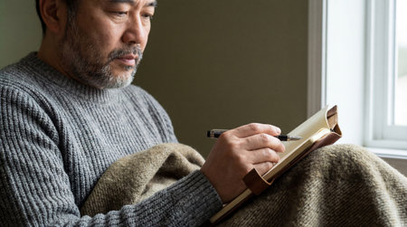 Thoughtful middle aged man journaling indoors by a bright window while wrapped in a warm blanket on a quiet peaceful day.の素材