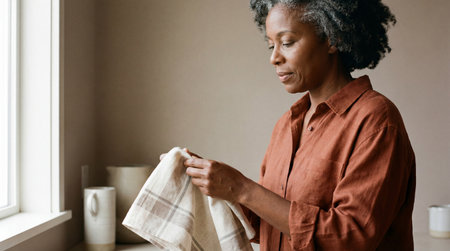 Middle aged woman standing by window folding kitchen towel in calm minimalist home interior with soft natural morning light.の素材