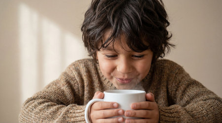 Smiling child in cozy sweater enjoying a warm drink indoors with soft natural light and gentle morning atmosphere.の素材