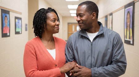 Middle aged african american couple smiling and holding hands while walking together down a bright school hallway lined with student artwork.の素材