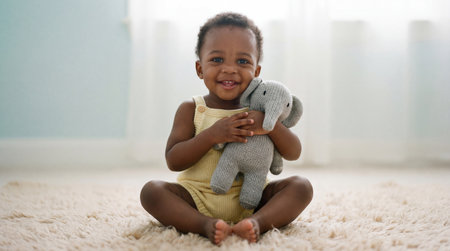 Smiling baby sitting on soft carpet in bright room holding knitted elephant toy and wearing yellow romper in warm natural morning light.の素材