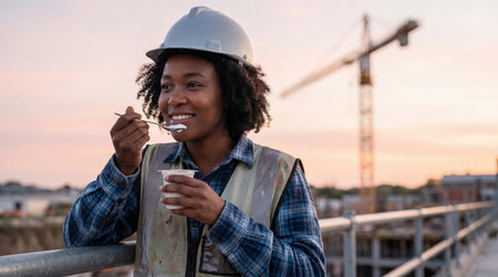 Female construction worker enjoying snack break at industrial site during sunset, wearing safety helmet and reflective vest.の素材