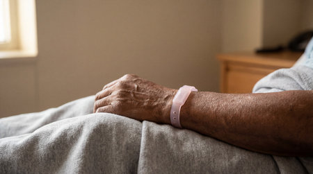 Elderly patient resting in bed with hospital identification wristband, highlighting senior healthcare, recovery, and medical support in a clinic.の素材