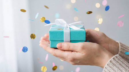 Woman holding small turquoise gift box with white ribbon as colorful confetti falls in soft celebratory atmosphere.の素材