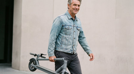 Smiling mature man walking outdoors carrying folded electric scooter against minimalist urban concrete wall background.の素材