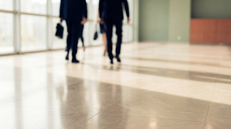 Business professionals walking through bright modern lobby on polished marble floor with blurred motion emphasizing corporate movement.の素材