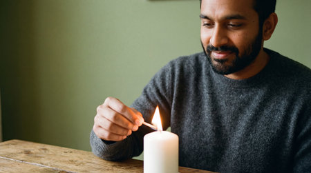 Smiling man lighting a white candle with a match while sitting at a wooden table in a cozy, softly lit indoor setting.の素材