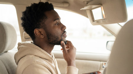Young man thoughtfully checking his appearance in car mirror while sitting in driver seat wearing casual beige hoodie.の素材