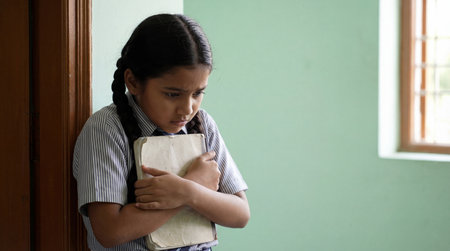 Sad schoolgirl with braided hair standing alone indoors clutching a worn notebook against her chest near classroom window.の素材