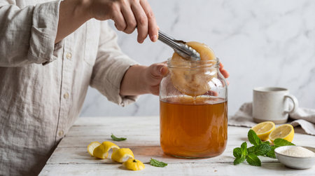 Healthy homemade kombucha preparation with fresh lemon and mint on rustic kitchen table, hands using tongs to lift scoby from glass jar.の素材