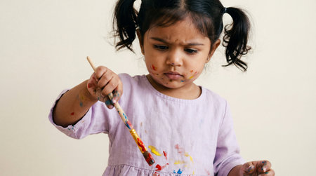 Curious toddler painting with colorful brushstrokes, concentrating on creative art activity while wearing a pastel dress and pigtails.の素材