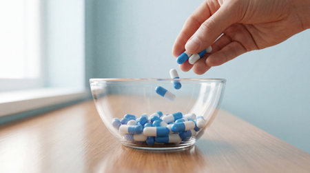Hand dropping blue and white capsules into clear glass bowl on wooden surface in minimal medical healthcare setting.の素材