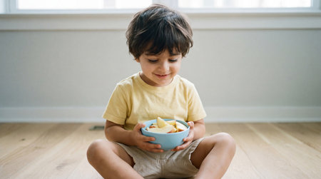 Smiling young child sitting on wooden floor holding bowl of sliced apples near bright window in relaxed home environment.の素材